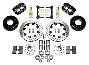 Wilwood Dynapro Radial Big Brake Front Brake Kit (Hub) Parts Laid Out - Black Powder Coat Caliper - SRP Drilled & Slotted Rotor