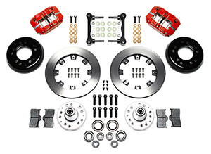 Wilwood Dynapro Radial Big Brake Front Brake Kit (Hub) Parts Laid Out - Red Powder Coat Caliper - Plain Face Rotor