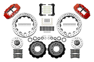 Wilwood Forged Narrow Superlite 6R Big Brake Front Brake Kit (Hub) Parts Laid Out - Red Powder Coat Caliper - SRP Drilled & Slotted Rotor