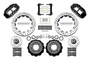 Wilwood Forged Narrow Superlite 6R Big Brake Front Brake Kit (Hub) Parts Laid Out - Black Powder Coat Caliper - SRP Drilled & Slotted Rotor