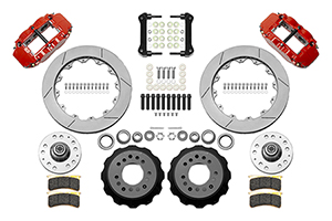 Wilwood Forged Narrow Superlite 6R Big Brake Front Brake Kit (Hub) Parts Laid Out - Red Powder Coat Caliper - GT Slotted Rotor