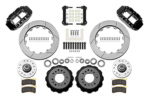 Wilwood Forged Narrow Superlite 6R Big Brake Front Brake Kit (Hub) Parts Laid Out - Black Powder Coat Caliper - GT Slotted Rotor