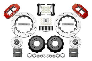 Wilwood Forged Narrow Superlite 6R Big Brake Front Brake Kit (Hub) Parts Laid Out - Red Powder Coat Caliper - SRP Drilled & Slotted Rotor