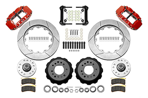 Wilwood Forged Narrow Superlite 6R Big Brake Front Brake Kit (Hub) Parts Laid Out - Red Powder Coat Caliper - GT Slotted Rotor