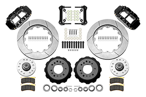 Wilwood Forged Narrow Superlite 6R Big Brake Front Brake Kit (Hub) Parts Laid Out - Black Powder Coat Caliper - GT Slotted Rotor