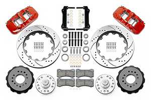 Wilwood AERO6 Big Brake Front Brake Kit Parts Laid Out - Red Powder Coat Caliper - SRP Drilled & Slotted Rotor