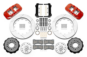 Wilwood AERO6 Big Brake Front Brake Kit Parts Laid Out - Red Powder Coat Caliper - GT Slotted Rotor