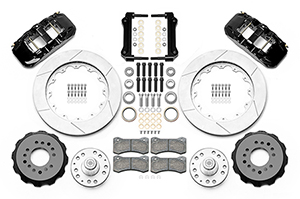 Wilwood AERO6 Big Brake Front Brake Kit Parts Laid Out - Black Powder Coat Caliper - GT Slotted Rotor