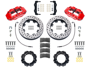 Wilwood Forged Narrow Superlite 4R Front Brake Kit Parts Laid Out - Red Powder Coat Caliper - SRP Drilled & Slotted Rotor