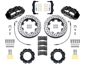 Wilwood Forged Narrow Superlite 4R Front Brake Kit Parts Laid Out - Black Powder Coat Caliper - SRP Drilled & Slotted Rotor