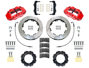 Wilwood Forged Narrow Superlite 4R Front Brake Kit Parts Laid Out - Red Powder Coat Caliper - GT Slotted Rotor