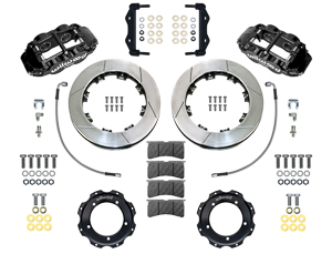 Wilwood Forged Narrow Superlite 4R Front Brake Kit Parts Laid Out - Black Powder Coat Caliper - GT Slotted Rotor