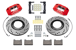 Wilwood Powerlite Front Brake Kit Parts Laid Out - Red Powder Coat Caliper - SRP Drilled & Slotted Rotor