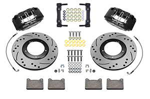 Wilwood Powerlite Front Brake Kit Parts Laid Out - Black Powder Coat Caliper - SRP Drilled & Slotted Rotor