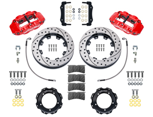 Wilwood Forged Narrow Superlite 4R Front Brake Kit Parts Laid Out - Red Powder Coat Caliper - SRP Drilled & Slotted Rotor