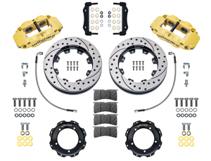 Wilwood Forged Narrow Superlite 4R Front Brake Kit Parts Laid Out - Yellow Powder Coat Caliper - SRP Drilled & Slotted Rotor