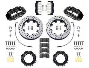 Wilwood Forged Narrow Superlite 4R Front Brake Kit Parts Laid Out - Black Powder Coat Caliper - SRP Drilled & Slotted Rotor