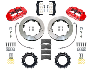 Wilwood Forged Narrow Superlite 4R Front Brake Kit Parts Laid Out - Red Powder Coat Caliper - GT Slotted Rotor