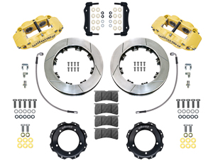 Wilwood Forged Narrow Superlite 4R Front Brake Kit Parts Laid Out - Yellow Powder Coat Caliper - GT Slotted Rotor