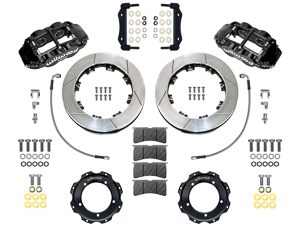 Wilwood Forged Narrow Superlite 4R Front Brake Kit Parts Laid Out - Black Powder Coat Caliper - GT Slotted Rotor