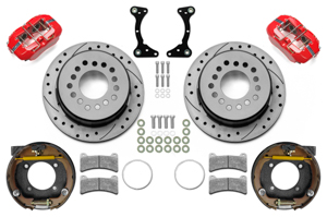 Wilwood Forged Dynapro Low-Profile Rear Parking Brake Kit Parts Laid Out - Red Powder Coat Caliper - SRP Drilled & Slotted Rotor