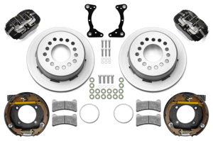 Wilwood Forged Dynapro Low-Profile Rear Parking Brake Kit Parts Laid Out - Black Powder Coat Caliper - Plain Face Rotor