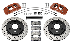 Wilwood AERO6-DM Direct-Mount Truck Front Brake Kit Parts Laid Out - Red Powder Coat Caliper - SRP Drilled & Slotted Rotor