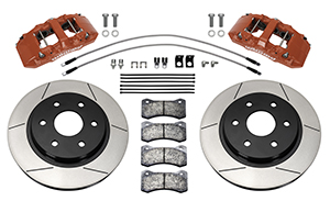 Wilwood AERO6-DM Direct-Mount Truck Front Brake Kit Parts Laid Out - Red Powder Coat Caliper - GT Slotted Rotor