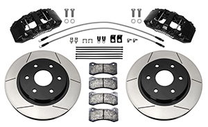 Wilwood AERO6-DM Direct-Mount Truck Front Brake Kit Parts Laid Out - Black Powder Coat Caliper - GT Slotted Rotor