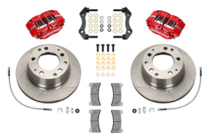 Wilwood Narrow Dynapro-P Radial Rear Brake Kit Parts Laid Out - Red Powder Coat Caliper - GT Slotted Rotor