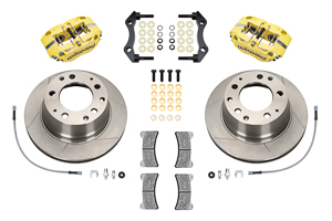 Wilwood Narrow Dynapro-P Radial Rear Brake Kit Parts Laid Out - Yellow Powder Coat Caliper - GT Slotted Rotor