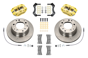 Wilwood Narrow Dynapro-P Radial Rear Brake Kit Parts Laid Out - Yellow Powder Coat Caliper - GT Slotted Rotor