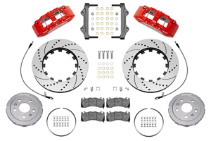 Wilwood SX6R Big Brake Dynamic Front Brake Kit Parts Laid Out - Red Powder Coat Caliper - SRP Drilled & Slotted Rotor