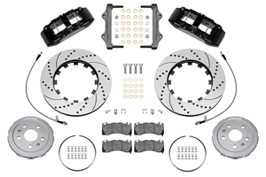 Wilwood SX6R Big Brake Dynamic Front Brake Kit Parts Laid Out - Black Powder Coat Caliper - SRP Drilled & Slotted Rotor