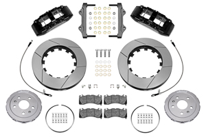 Wilwood SX6R Big Brake Dynamic Front Brake Kit Parts Laid Out - Black Powder Coat Caliper - GT Slotted Rotor