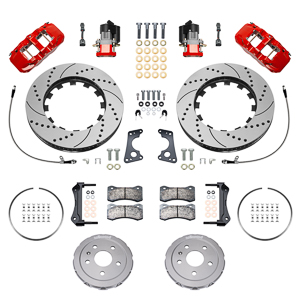 Wilwood AERO4 Big Brake Rear Dynamic Electronic Parking Brake Kit Parts Laid Out - Red Powder Coat Caliper - SRP Drilled & Slotted Rotor
