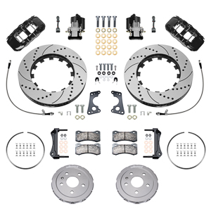 Wilwood AERO4 Big Brake Rear Dynamic Electronic Parking Brake Kit Parts Laid Out - Black Powder Coat Caliper - SRP Drilled & Slotted Rotor