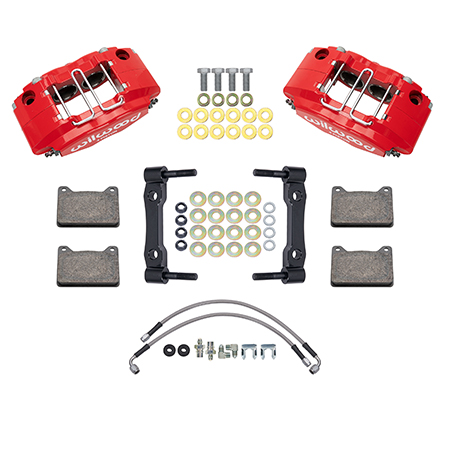 Wilwood Powerlite Front Caliper and Bracket Kit Parts Laid Out - Red Powder Coat Caliper