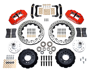 Wilwood Forged Narrow Superlite 6R Big Brake Front Brake Kit (Hub) Parts Laid Out - Red Powder Coat Caliper - SRP Drilled & Slotted Rotor