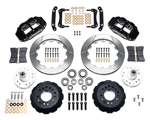 Wilwood Forged Narrow Superlite 6R Big Brake Front Brake Kit (Hub) Parts Laid Out - Black Powder Coat Caliper - GT Slotted Rotor