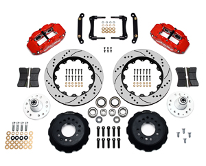 Wilwood Forged Narrow Superlite 6R Big Brake Front Brake Kit (Hub) Parts Laid Out - Red Powder Coat Caliper - SRP Drilled & Slotted Rotor