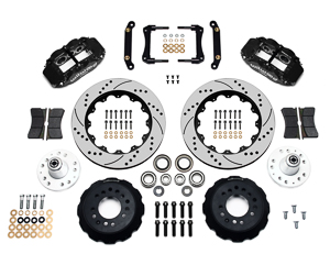 Wilwood Forged Narrow Superlite 6R Big Brake Front Brake Kit (Hub) Parts Laid Out - Black Powder Coat Caliper - SRP Drilled & Slotted Rotor