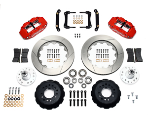 Wilwood Forged Narrow Superlite 6R Big Brake Front Brake Kit (Hub) Parts Laid Out - Red Powder Coat Caliper - GT Slotted Rotor