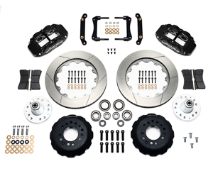 Wilwood Forged Narrow Superlite 6R Big Brake Front Brake Kit (Hub) Parts Laid Out - Black Powder Coat Caliper - GT Slotted Rotor