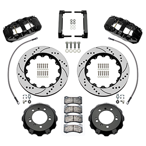 Wilwood AERO6 Big Brake Front Brake Kit Parts Laid Out - Black Powder Coat Caliper - SRP Drilled & Slotted Rotor