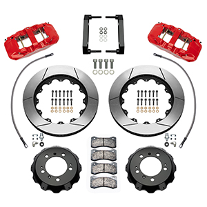 Wilwood AERO6 Big Brake Front Brake Kit Parts Laid Out - Red Powder Coat Caliper - GT Slotted Rotor