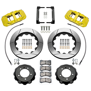Wilwood AERO6 Big Brake Front Brake Kit Parts Laid Out - Red Powder Coat Caliper - GT Slotted Rotor