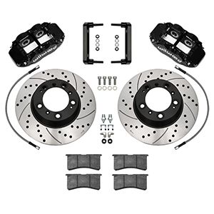 Wilwood Forged Narrow Superlite 4R Big Brake Rear Brake Kit For OE Parking Brake Parts Laid Out - Black Powder Coat Caliper - SRP Drilled & Slotted Rotor