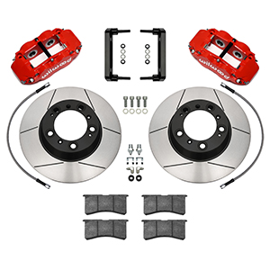 Wilwood Forged Narrow Superlite 4R Big Brake Rear Brake Kit For OE Parking Brake Parts Laid Out - Red Powder Coat Caliper - GT Slotted Rotor