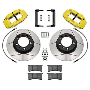 Wilwood Forged Narrow Superlite 4R Big Brake Rear Brake Kit For OE Parking Brake Parts Laid Out - Yellow Powder Coat Caliper - GT Slotted Rotor